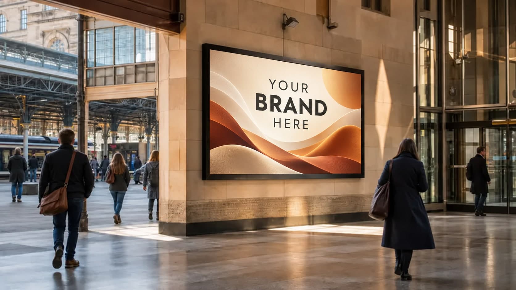 A digital advertising screen displaying Your Brand Here in a sunlit railway station